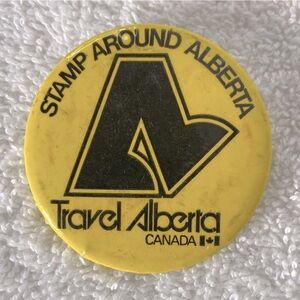 5/$35 Vintage Yellow Travel Alberta Stamp Around Alberta Souvenir Pin Button